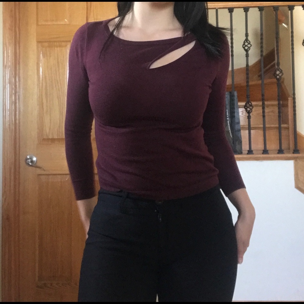 WHBM plum purple long sleeve blouse with cutout